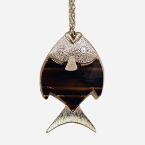 70s boho twee brown tortoise fish gold tone sarah coventry necklace